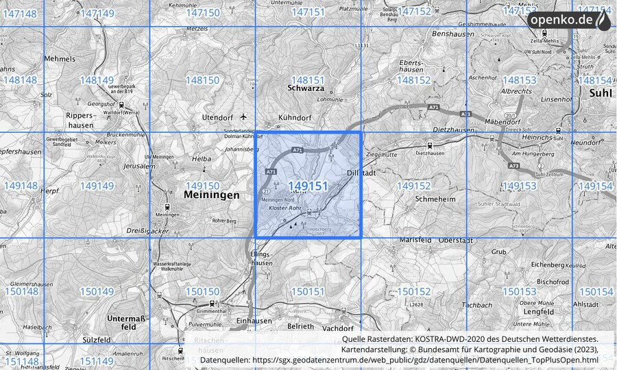Übersichtskarte des KOSTRA-DWD-2020-Rasterfeldes Nr. 149151