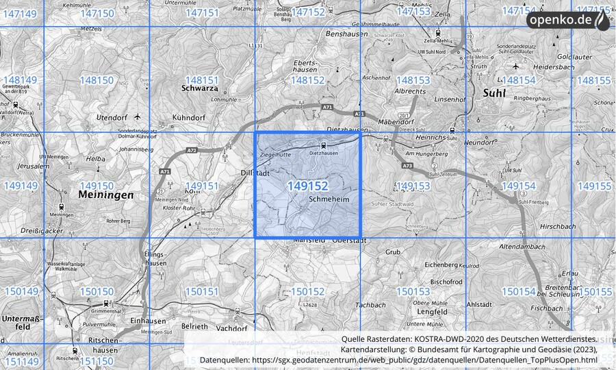 Übersichtskarte des KOSTRA-DWD-2020-Rasterfeldes Nr. 149152