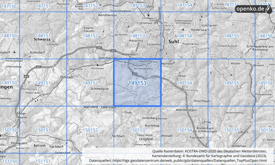 Übersichtskarte des KOSTRA-DWD-2020-Rasterfeldes Nr. 149153