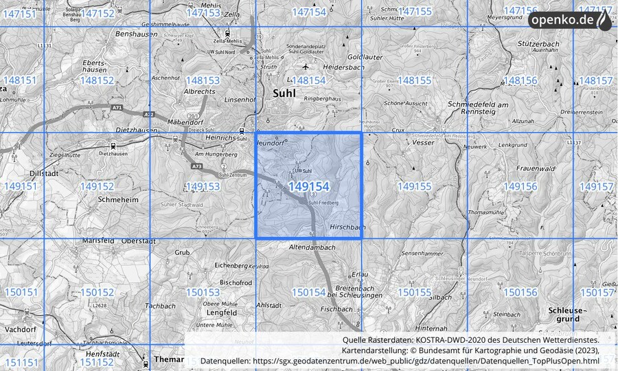 Übersichtskarte des KOSTRA-DWD-2020-Rasterfeldes Nr. 149154
