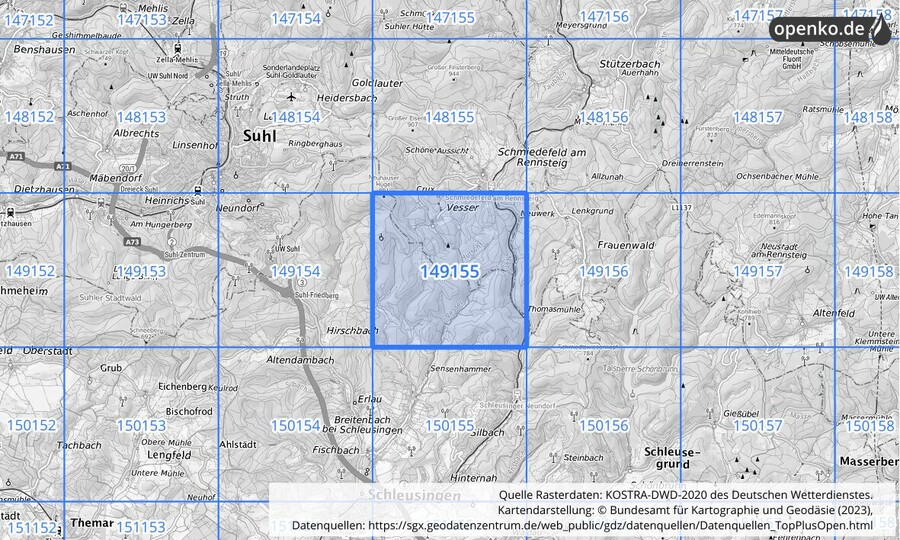 Übersichtskarte des KOSTRA-DWD-2020-Rasterfeldes Nr. 149155