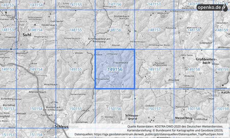 Übersichtskarte des KOSTRA-DWD-2020-Rasterfeldes Nr. 149156