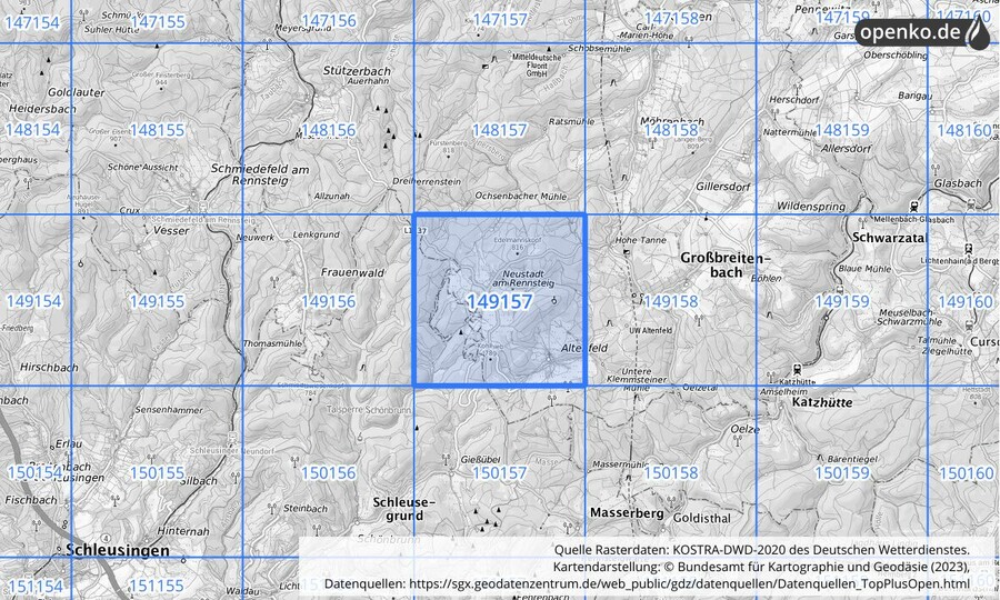 Übersichtskarte des KOSTRA-DWD-2020-Rasterfeldes Nr. 149157