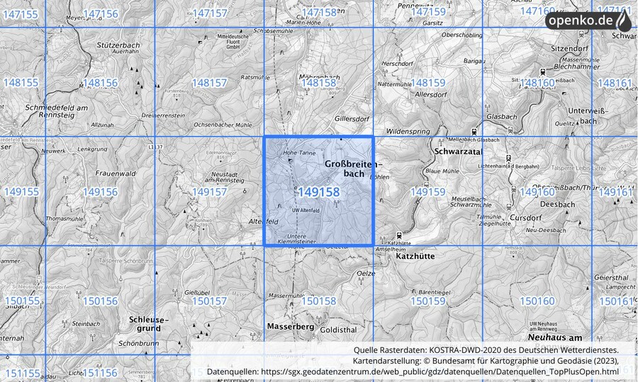 Übersichtskarte des KOSTRA-DWD-2020-Rasterfeldes Nr. 149158