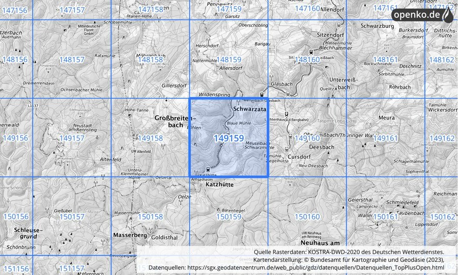 Übersichtskarte des KOSTRA-DWD-2020-Rasterfeldes Nr. 149159