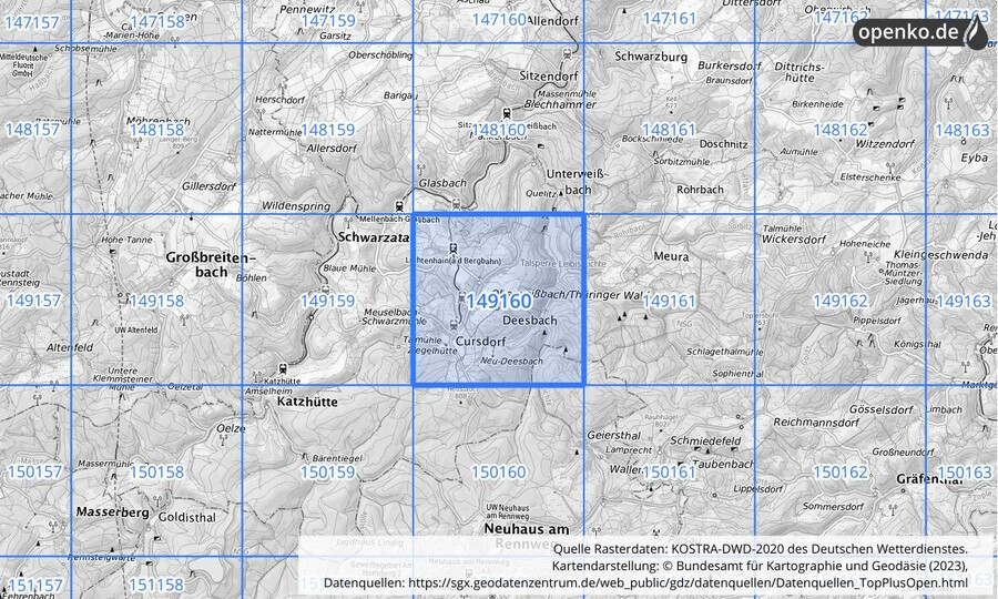 Übersichtskarte des KOSTRA-DWD-2020-Rasterfeldes Nr. 149160