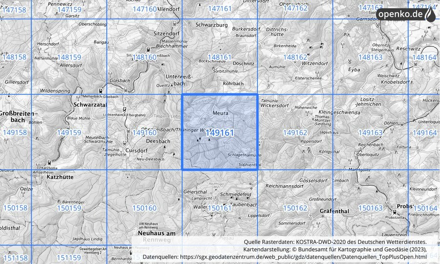 Übersichtskarte des KOSTRA-DWD-2020-Rasterfeldes Nr. 149161