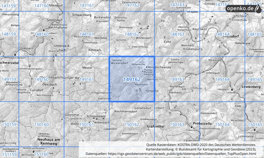 Übersichtskarte des KOSTRA-DWD-2020-Rasterfeldes Nr. 149162