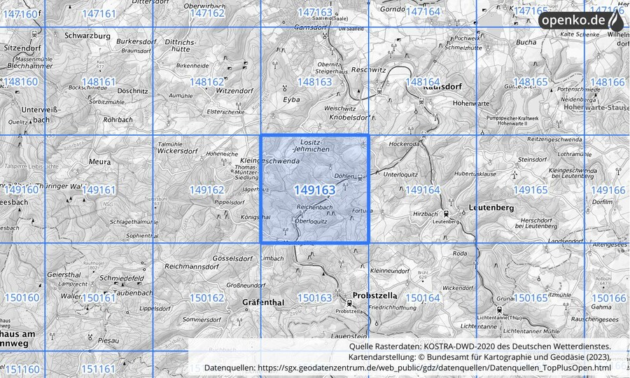 Übersichtskarte des KOSTRA-DWD-2020-Rasterfeldes Nr. 149163