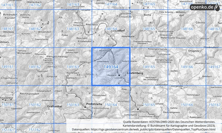 Übersichtskarte des KOSTRA-DWD-2020-Rasterfeldes Nr. 149164