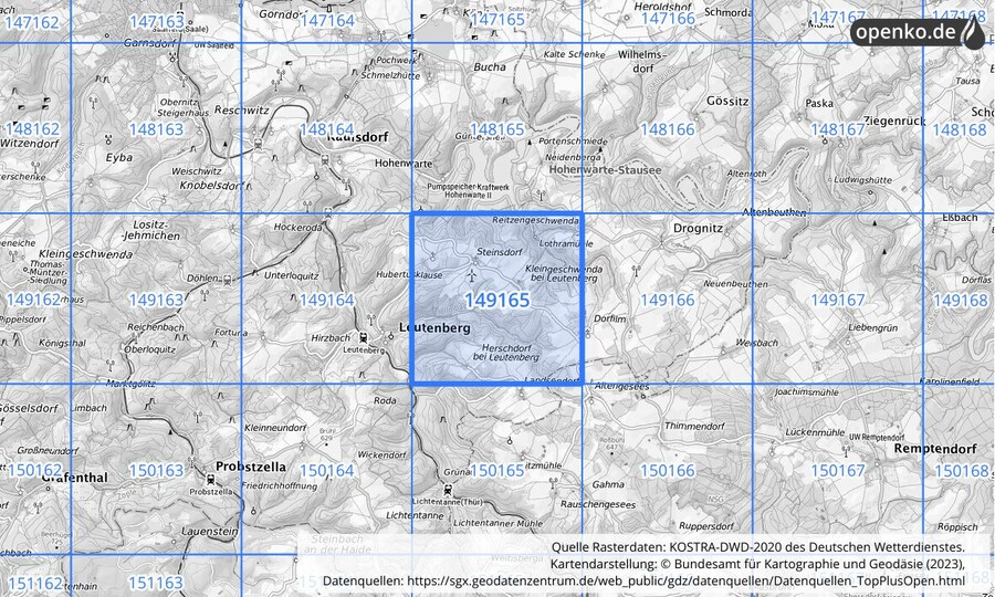Übersichtskarte des KOSTRA-DWD-2020-Rasterfeldes Nr. 149165