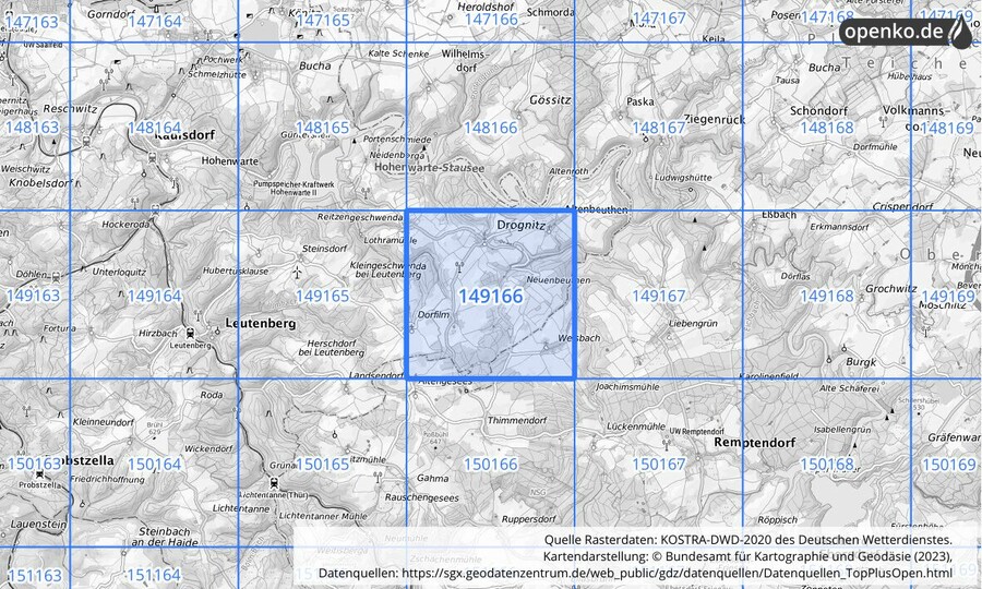 Übersichtskarte des KOSTRA-DWD-2020-Rasterfeldes Nr. 149166