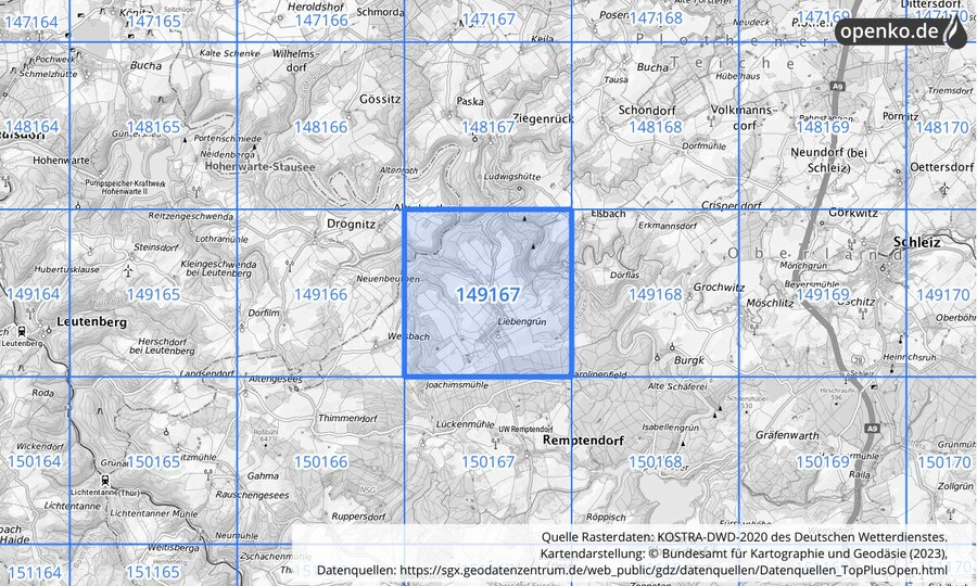 Übersichtskarte des KOSTRA-DWD-2020-Rasterfeldes Nr. 149167