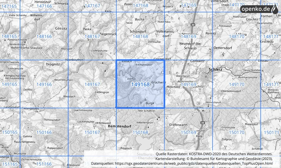 Übersichtskarte des KOSTRA-DWD-2020-Rasterfeldes Nr. 149168