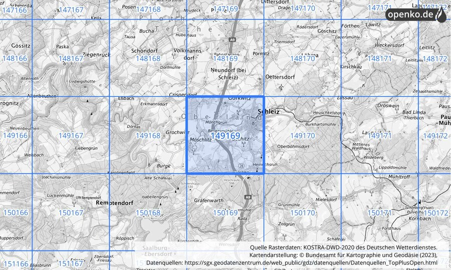 Übersichtskarte des KOSTRA-DWD-2020-Rasterfeldes Nr. 149169