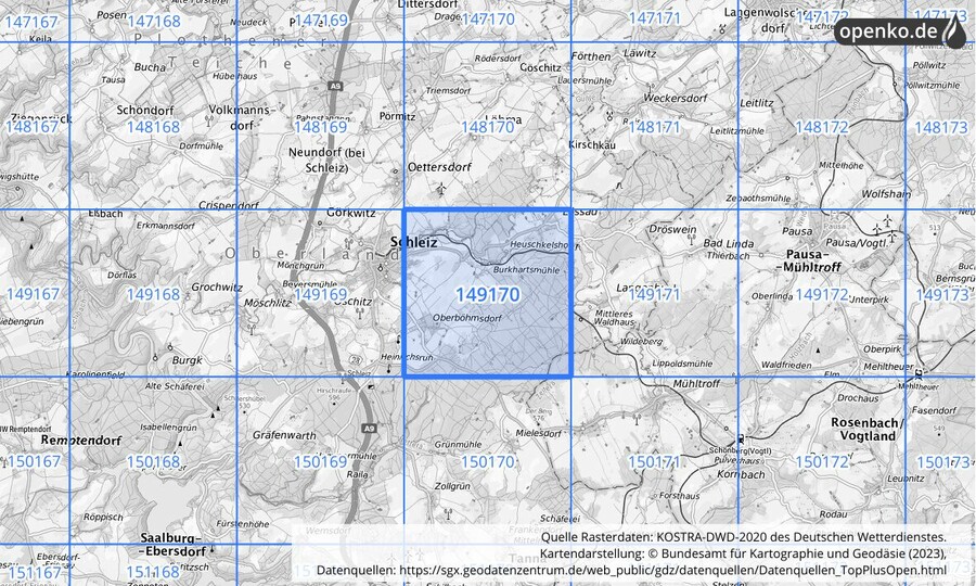 Übersichtskarte des KOSTRA-DWD-2020-Rasterfeldes Nr. 149170