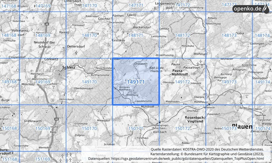 Übersichtskarte des KOSTRA-DWD-2020-Rasterfeldes Nr. 149171