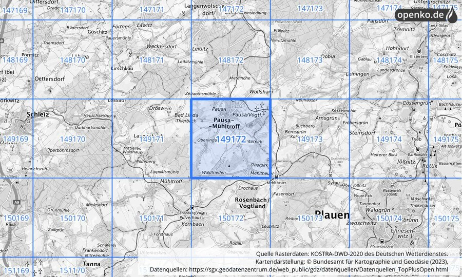 Übersichtskarte des KOSTRA-DWD-2020-Rasterfeldes Nr. 149172