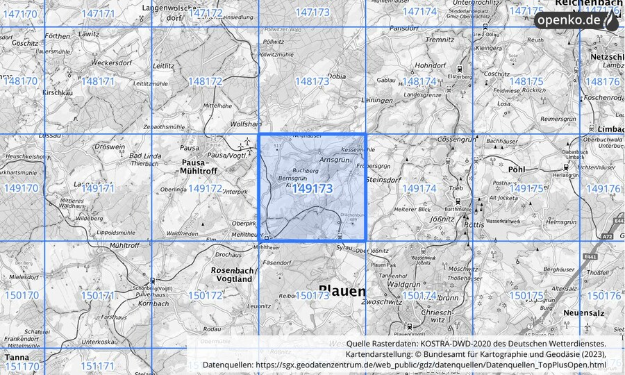 Übersichtskarte des KOSTRA-DWD-2020-Rasterfeldes Nr. 149173