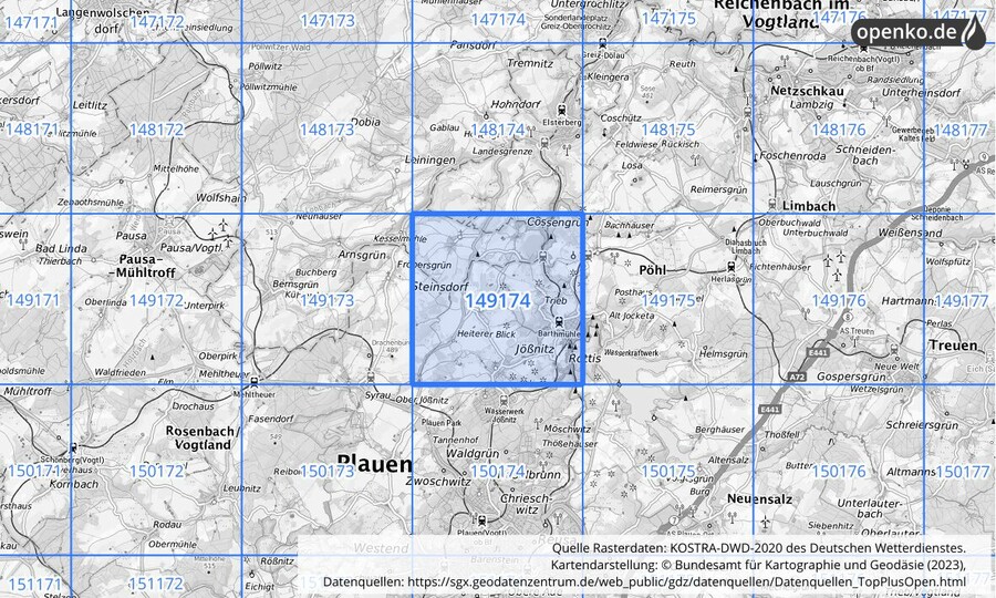 Übersichtskarte des KOSTRA-DWD-2020-Rasterfeldes Nr. 149174