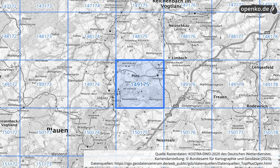 Übersichtskarte des KOSTRA-DWD-2020-Rasterfeldes Nr. 149175