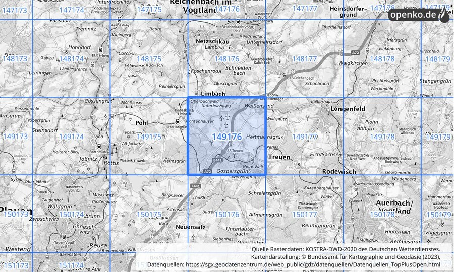 Übersichtskarte des KOSTRA-DWD-2020-Rasterfeldes Nr. 149176