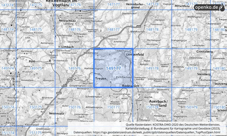 Übersichtskarte des KOSTRA-DWD-2020-Rasterfeldes Nr. 149177