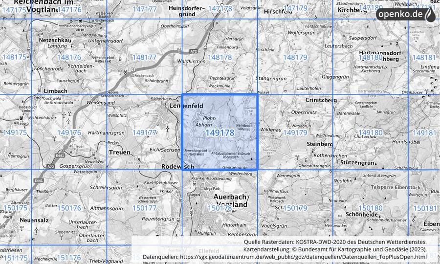 Übersichtskarte des KOSTRA-DWD-2020-Rasterfeldes Nr. 149178