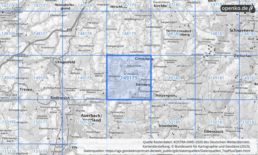 Übersichtskarte des KOSTRA-DWD-2020-Rasterfeldes Nr. 149179