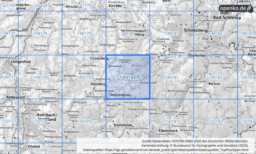 Übersichtskarte des KOSTRA-DWD-2020-Rasterfeldes Nr. 149180