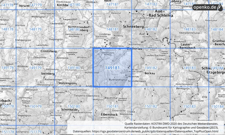 Übersichtskarte des KOSTRA-DWD-2020-Rasterfeldes Nr. 149181