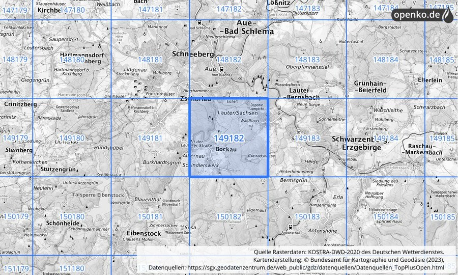 Übersichtskarte des KOSTRA-DWD-2020-Rasterfeldes Nr. 149182