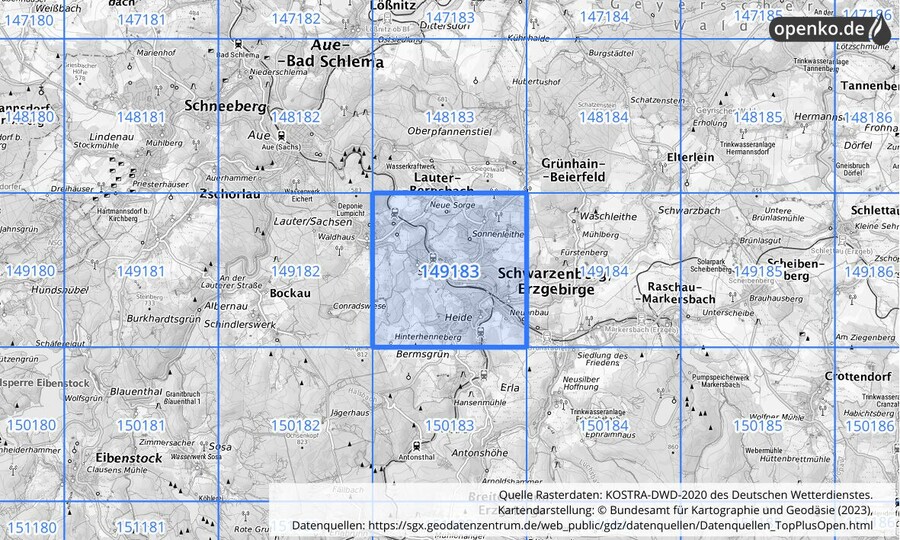 Übersichtskarte des KOSTRA-DWD-2020-Rasterfeldes Nr. 149183