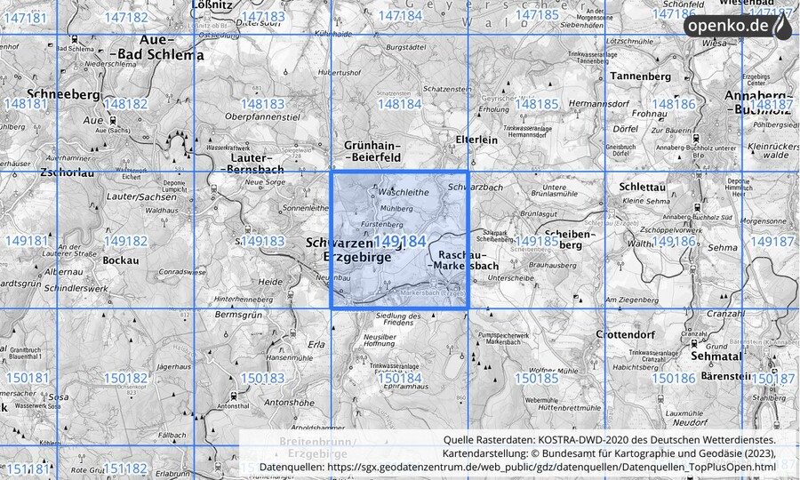 Übersichtskarte des KOSTRA-DWD-2020-Rasterfeldes Nr. 149184