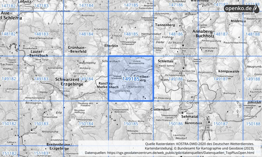 Übersichtskarte des KOSTRA-DWD-2020-Rasterfeldes Nr. 149185