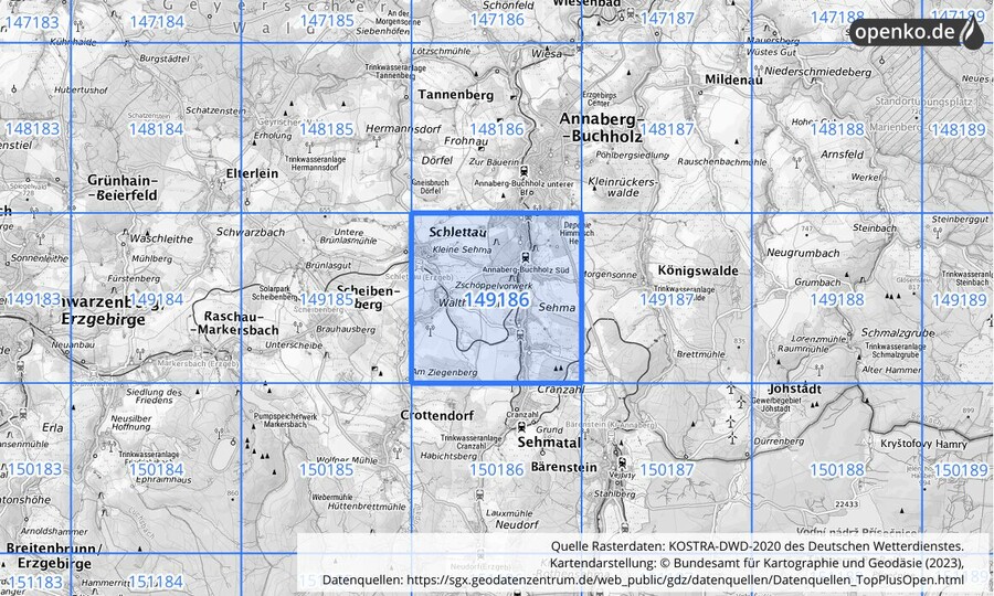 Übersichtskarte des KOSTRA-DWD-2020-Rasterfeldes Nr. 149186