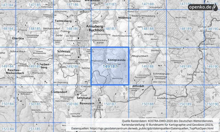 Übersichtskarte des KOSTRA-DWD-2020-Rasterfeldes Nr. 149187