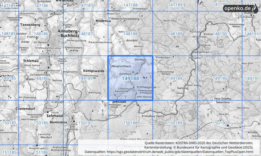 Übersichtskarte des KOSTRA-DWD-2020-Rasterfeldes Nr. 149188