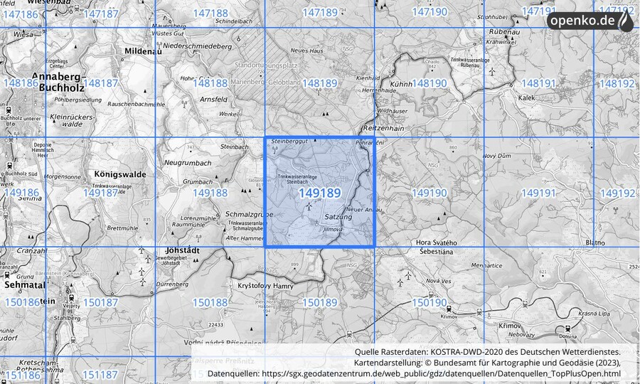 Übersichtskarte des KOSTRA-DWD-2020-Rasterfeldes Nr. 149189