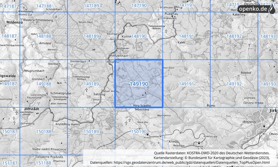 Übersichtskarte des KOSTRA-DWD-2020-Rasterfeldes Nr. 149190