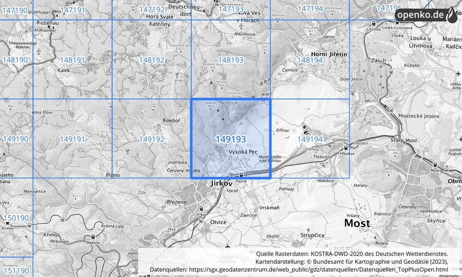 Übersichtskarte des KOSTRA-DWD-2020-Rasterfeldes Nr. 149193