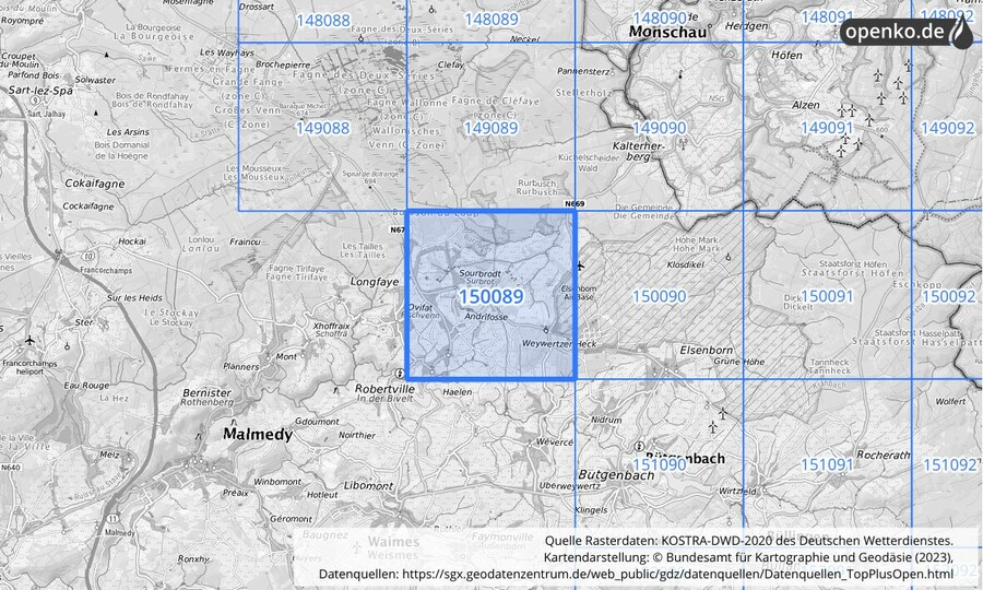 Übersichtskarte des KOSTRA-DWD-2020-Rasterfeldes Nr. 150089