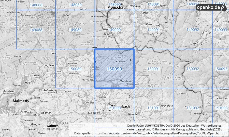 Übersichtskarte des KOSTRA-DWD-2020-Rasterfeldes Nr. 150090