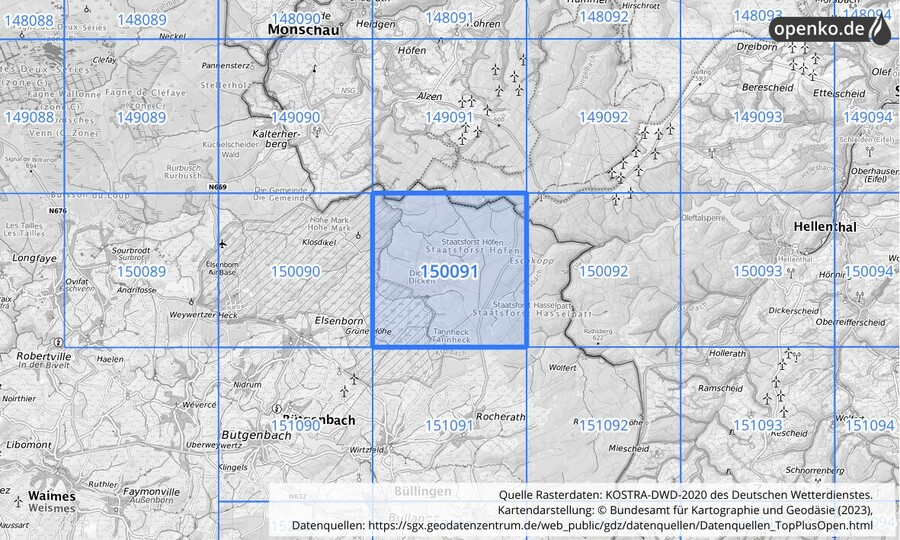 Übersichtskarte des KOSTRA-DWD-2020-Rasterfeldes Nr. 150091