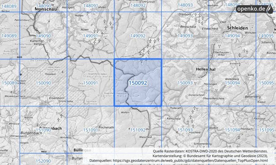 Übersichtskarte des KOSTRA-DWD-2020-Rasterfeldes Nr. 150092