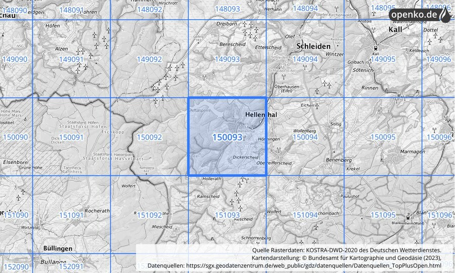 Übersichtskarte des KOSTRA-DWD-2020-Rasterfeldes Nr. 150093