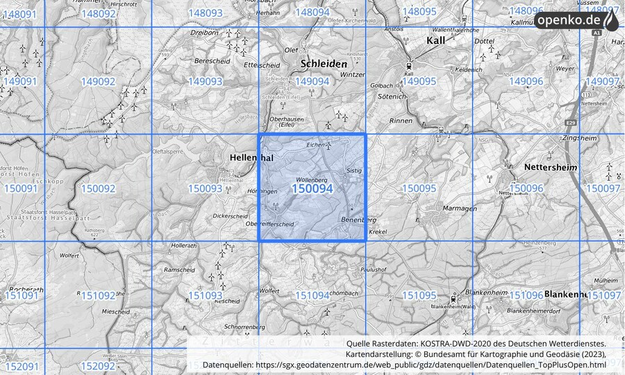 Übersichtskarte des KOSTRA-DWD-2020-Rasterfeldes Nr. 150094