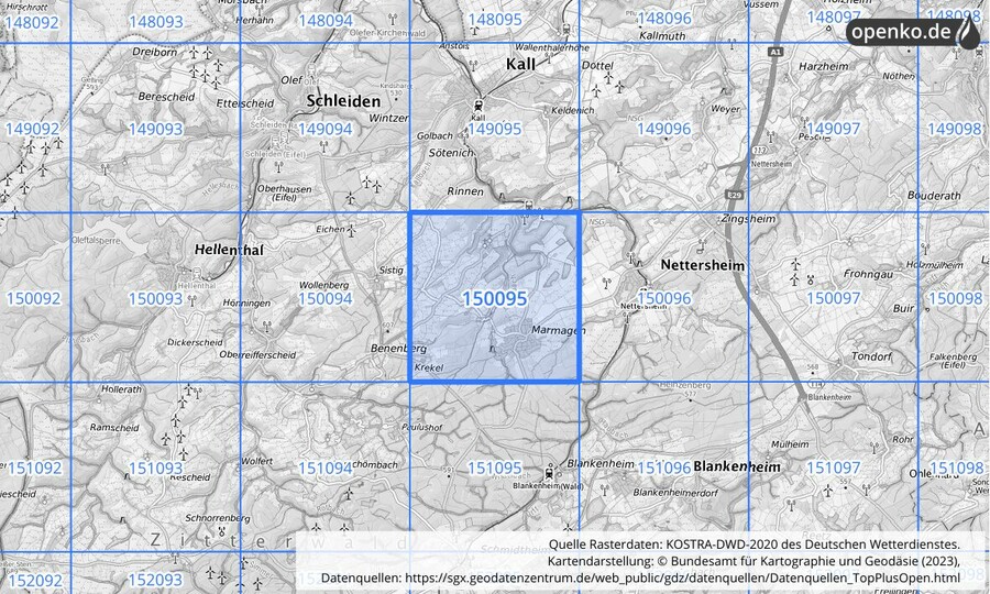 Übersichtskarte des KOSTRA-DWD-2020-Rasterfeldes Nr. 150095