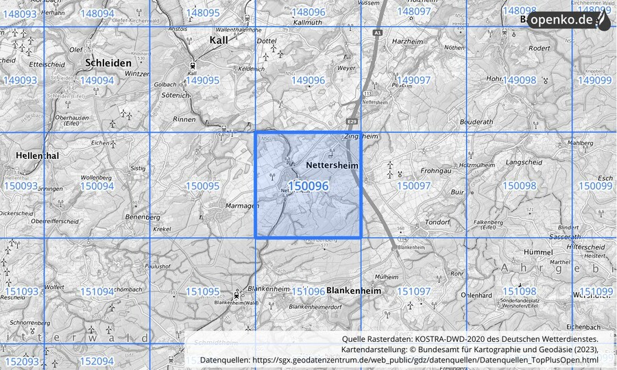 Übersichtskarte des KOSTRA-DWD-2020-Rasterfeldes Nr. 150096