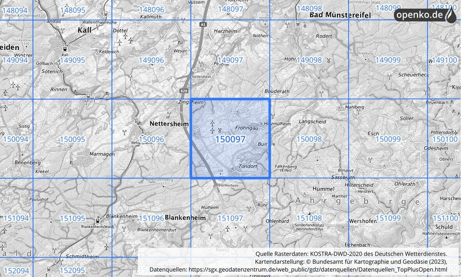 Übersichtskarte des KOSTRA-DWD-2020-Rasterfeldes Nr. 150097